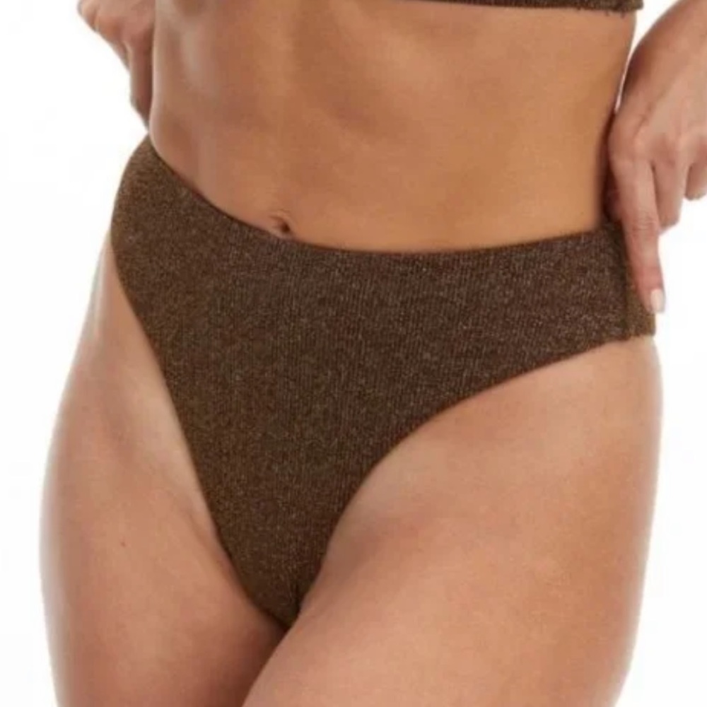 Good American Gold Sparkle Good Waist Cheeky Bikini Bottom Brown size XL (4)
